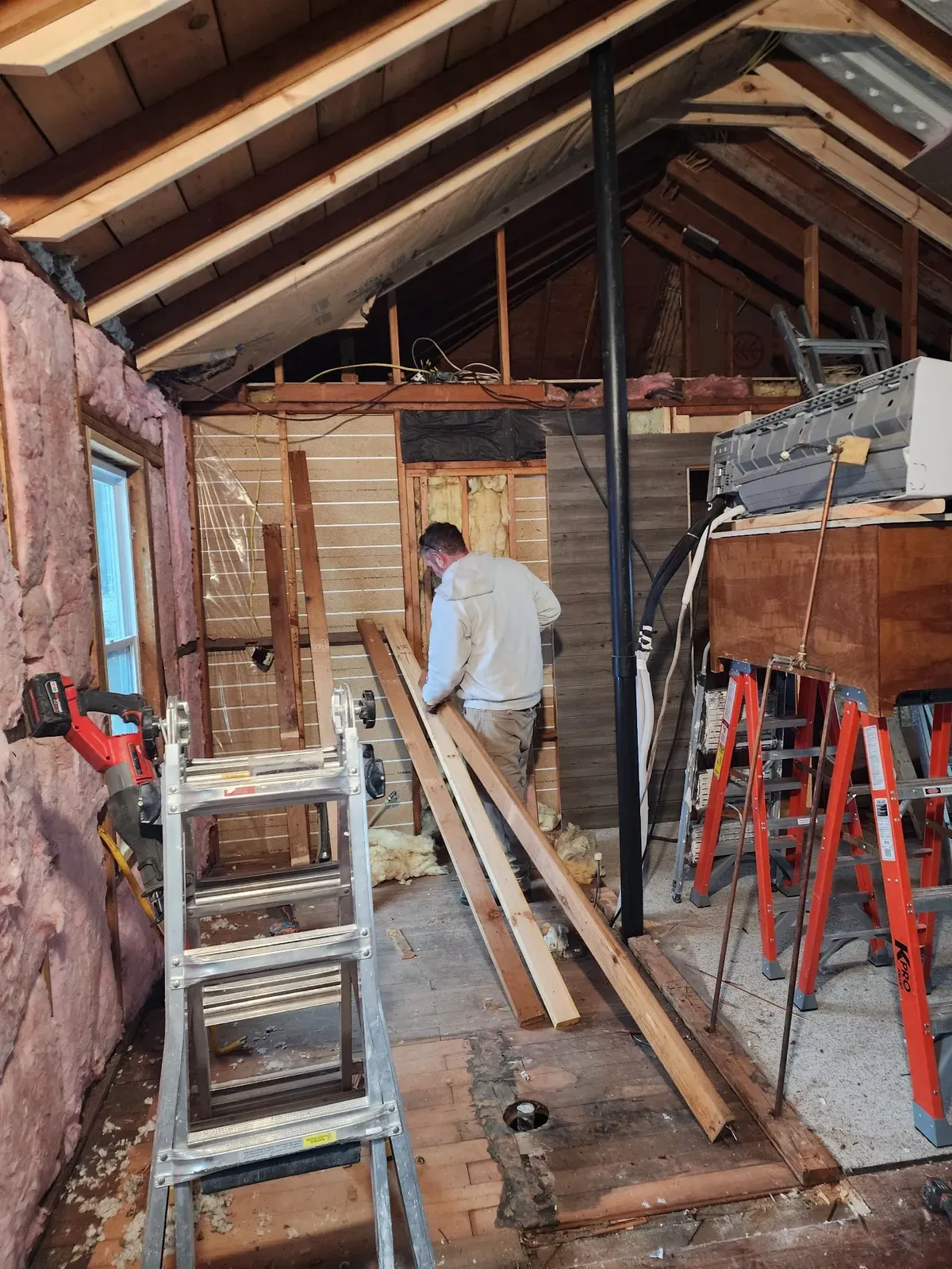 Attic framing during the cabin remodel