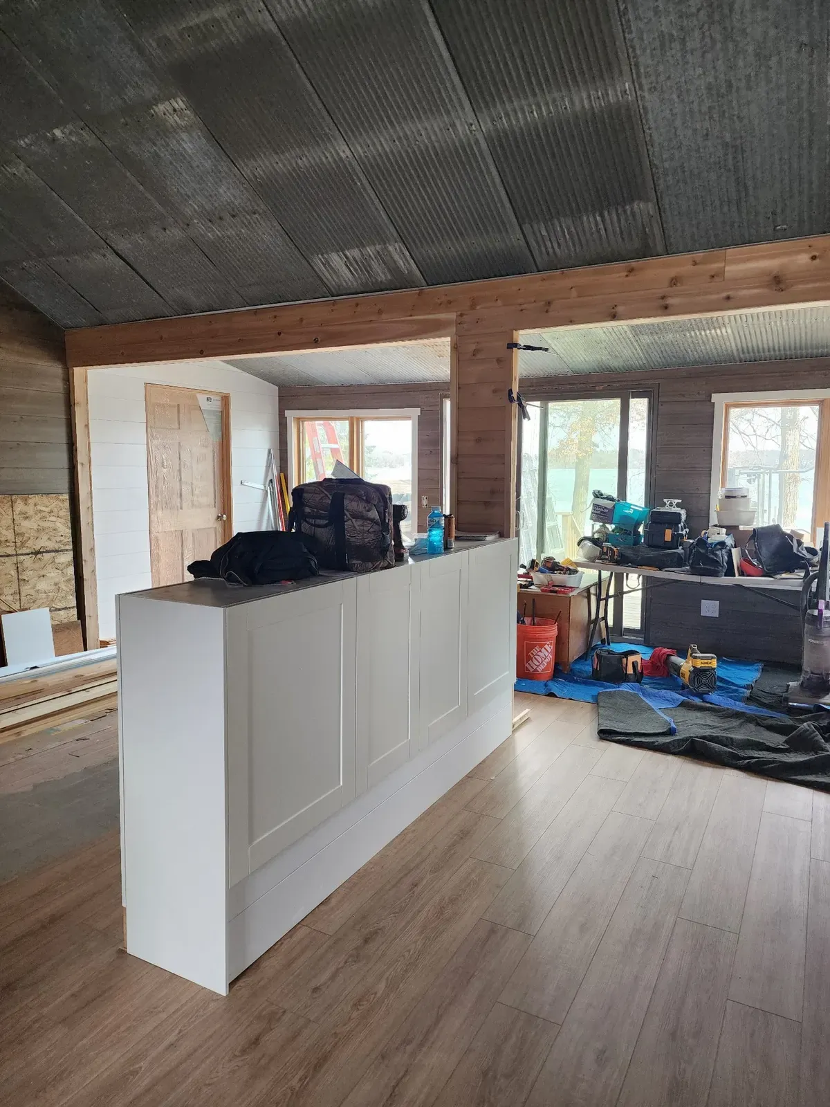 Kitchen island cabinetry during the cabin remodel
