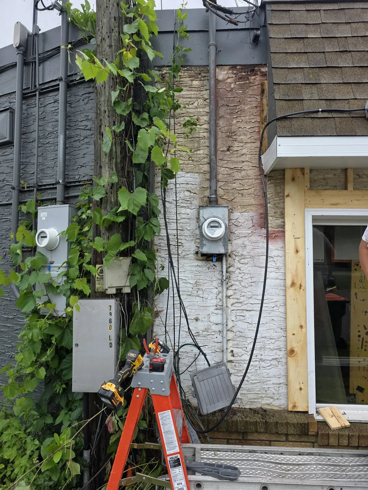 Side-wall exterior opened around the utility service during renovation