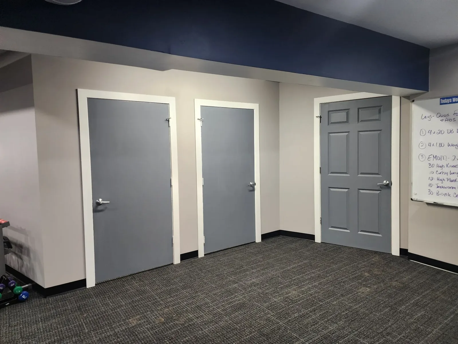 Finished interior doors in the commercial gym
